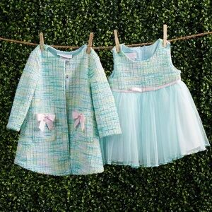 NWT!! INFANT BLUE BOUCLE COAT JACKET AND DRESS 3-6m
